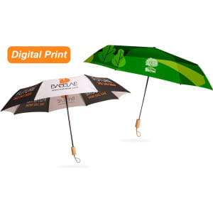 A regular triple folding RPET umbrella featuring a green and white design with a logo and wood-style handle.