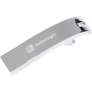 A drink bottle opener and flash drive in a sleek silver metal design, featuring a logo on its surface.