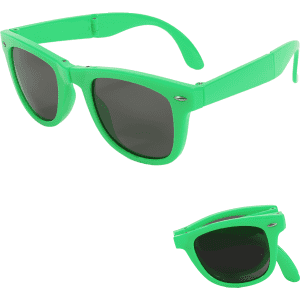 Green folding sunglasses with dark lenses, featuring a sleek design and a logo on the side.