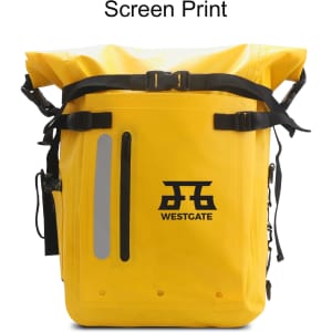 A waterproof roll top backpack in bright yellow with straps and a logo. Features reflective strips for visibility.