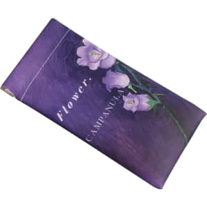 A purple glasses pouch featuring floral artwork and a logo, suitable for storing eyewear or accessories.