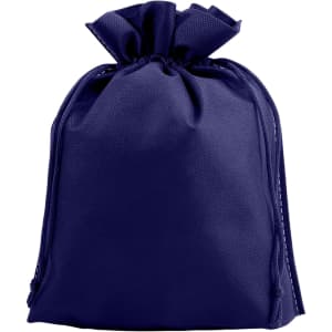 A navy blue non-woven drawstring bag with a gathered top and logo on the front.