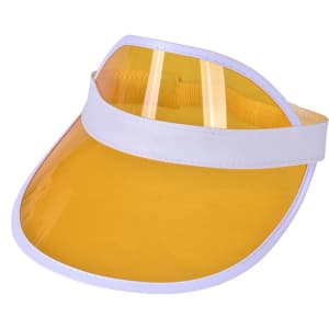 A yellow PVC sunscreen hat with a white band, featuring a curved visor and a smooth finish.