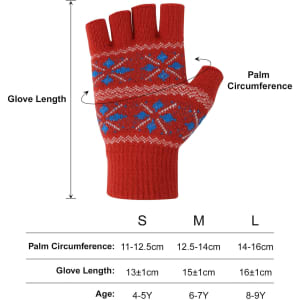 Red fingerless gloves with a blue snowflake design and measurements for palm circumference and glove length.