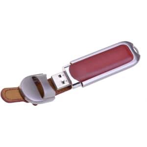 A metallic and red Taurus flash drive with a leather strap, featuring a sleek design and a logo.
