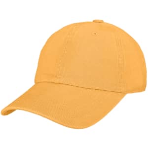 A premium washed cotton baseball cap in a vibrant yellow colour with a curved brim and a logo.