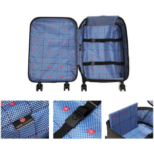 A collapsible suitcase in black with a blue patterned interior, featuring two wheels and a badge.