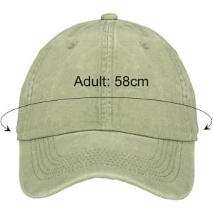 A faded green baseball cap with a curved brim and an adjustable strap, featuring a logo on the front.