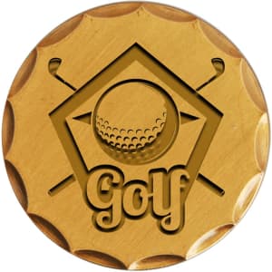 A 40mm antique gold golf ball marker featuring a golf ball design and crossed clubs, with a decorative edge.