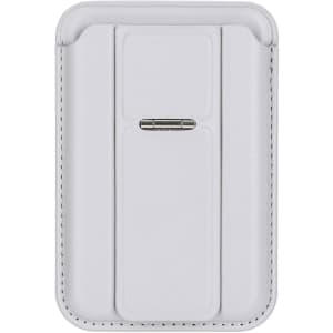 A white PU magnetic card holder with a phone stand feature and a small metal clasp. It has a sleek design.