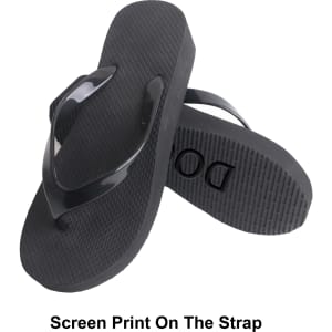 A pair of black rubber thongs with a textured sole and a screen-printed strap.