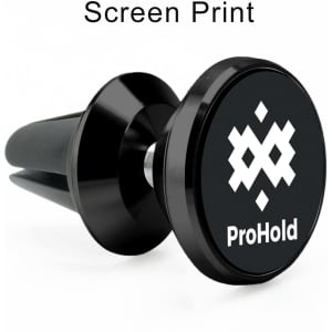 A rotatable clip-on car phone holder in black, featuring a circular design and a logo on the front.