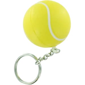 A yellow keyring featuring a tennis ball stress item, attached to a silver keychain.