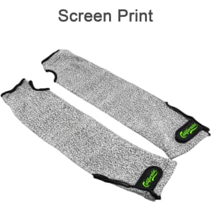 Two grey cut-resistant sleeves with black edges, featuring a logo on one side.