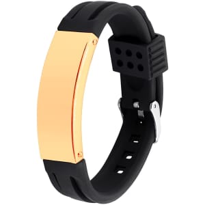 A black metal strap bracelet featuring a gold-toned rectangular plate. It has a logo on the clasp.