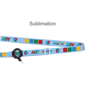 A drink bottle lanyard featuring a light blue design with coloured blocks and a logo attachment.