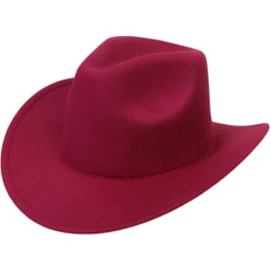 A classic felt fedora cowboy hat in a deep burgundy colour with a curved brim and a structured crown.