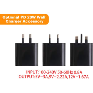 A black wall charger accessory with three different plug types and input/output specifications listed.