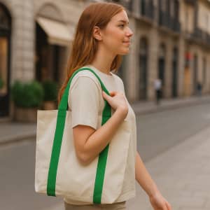 A woman carries a cream canvas tote bag with green straps, walking along a city street. The bag features a logo.