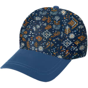 A 5-panel custom peak cap featuring a floral pattern in navy, orange, and cream with a solid blue peak.
