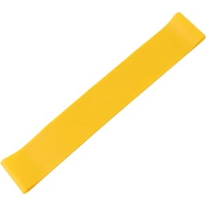A yellow Latex Free TPE fitness resistance band displayed on a white background. Features a smooth texture and a brand logo.