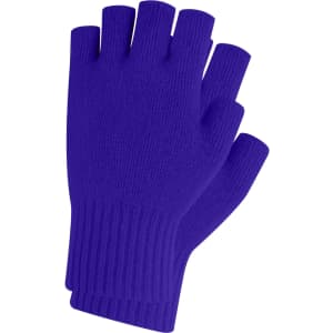 A pair of plain knitted fingerless gloves in a vibrant purple colour. Features a woven label.