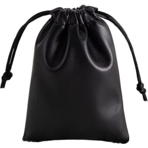 A black PU leather drawstring gift bag with a gathered top and adjustable cords.