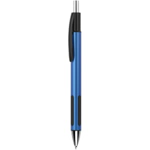 A blue plastic pen with a black grip and clip. It has a simple design and a silver tip.