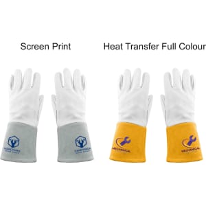 Heat resistant gloves in grey and white, and yellow and white, featuring different patterns and a logo on the yellow pair.