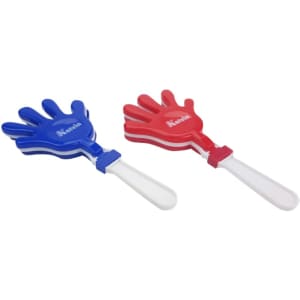Two hand clappers in blue and red, featuring a white handle and a logo on the side.