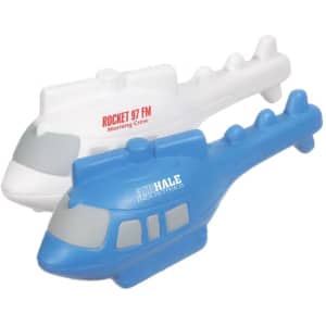 A blue and a white helicopter-shaped stress reliever, featuring logos on both.
