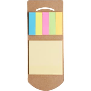 A sticky note and flag set featuring blue, pink, green, and yellow notes on a brown card holder.
