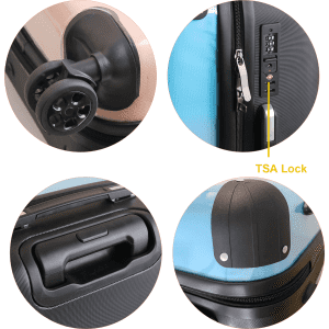 Four close-up views of a blue custom insert suitcase featuring wheels, a handle, a TSA lock, and a zipper.