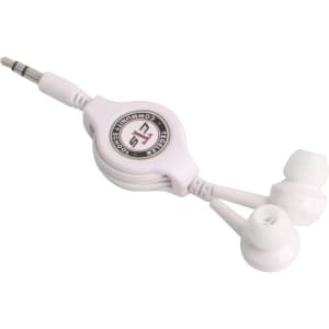 A pair of white retractable earbuds with a circular retracting mechanism and a three-pronged audio jack.