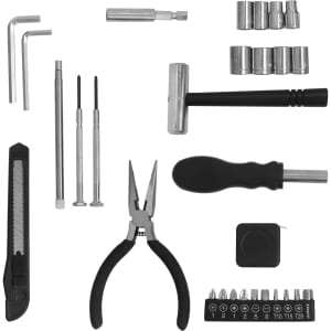 A truck-shaped toolkit featuring various silver tools including sockets, screwdrivers, pliers, and an assortment of bits.