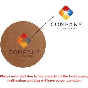 A set of kraft paper playing cards featuring a multi-colour design and a logo. The cards have a natural, textured appearance.