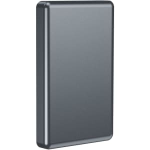 A black aluminium power bank with a sleek design, featuring a logo on the surface.
