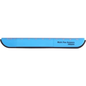 A pair of multifunctional scissors in blue with a ruler along the edge, featuring a logo.