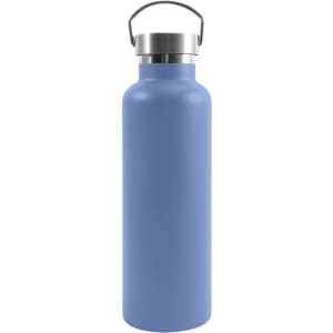 A drink bottle in a matte light blue finish, made of recycled stainless steel, with a stainless steel cap and a logo.