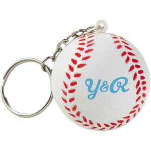 A white baseball stress reliever keyring with red stitching and a metal keyring attachment. It features a logo.