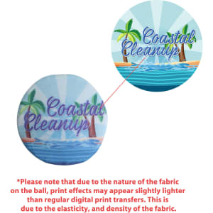 A round water bouncing disc featuring a colourful design with palm trees and the text "Coastal Cleanup." It has a logo.