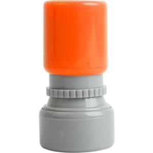 A round stamp with a bright orange top and a grey base, featuring a logo.
