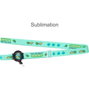 A drink bottle lanyard in light green featuring ecological designs and a logo attachment.
