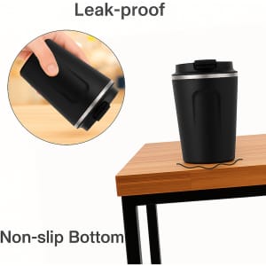 A stainless steel coffee mug in black with a leak-proof lid and non-slip bottom, featuring a logo.