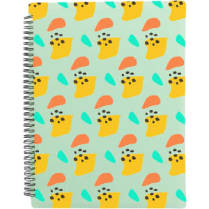 A loose-leaf folder featuring a mint green background with colourful abstract shapes in yellow, orange, and aqua, with a spiral binding.