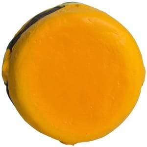 A bright yellow hamburger-shaped stress reliever with a smooth surface, featuring a round top.