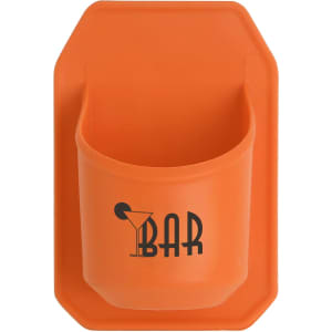 An orange shower stubby holder with a curved design and a logo featuring a drink icon.