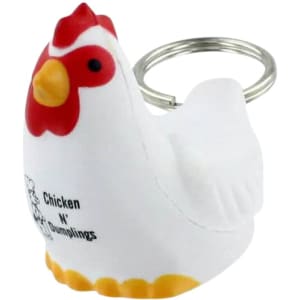 A white rooster-shaped stress reliever keyring with red and yellow accents, featuring a branding logo.