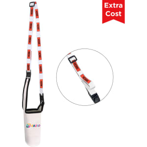 A drink bottle carrier pouch in white with a colourful strap and a logo. Includes a convenient shoulder strap for carrying.