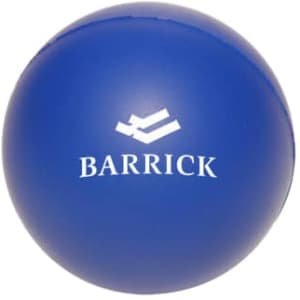 A blue 50mm ball-shaped stress reliever with a logo on the surface.